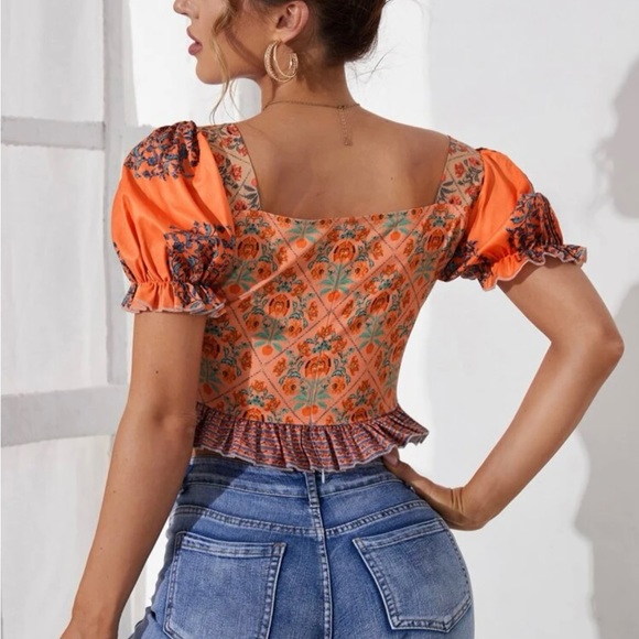 SHEIN VCAY Floral Print Puff Sleeve Button Front Ruffle Hem Blouse - XS - Picture 2 of 3